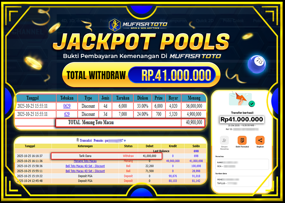 MUFASATOTO JACKPOT POOL TOTO MACAU Rp 41.000.000 | LUNAS